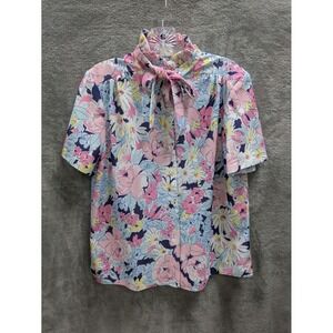 Vintage PussyBow Blouse Size 14 Floral Tie Neck Pastel 80s Cottagecore Floral